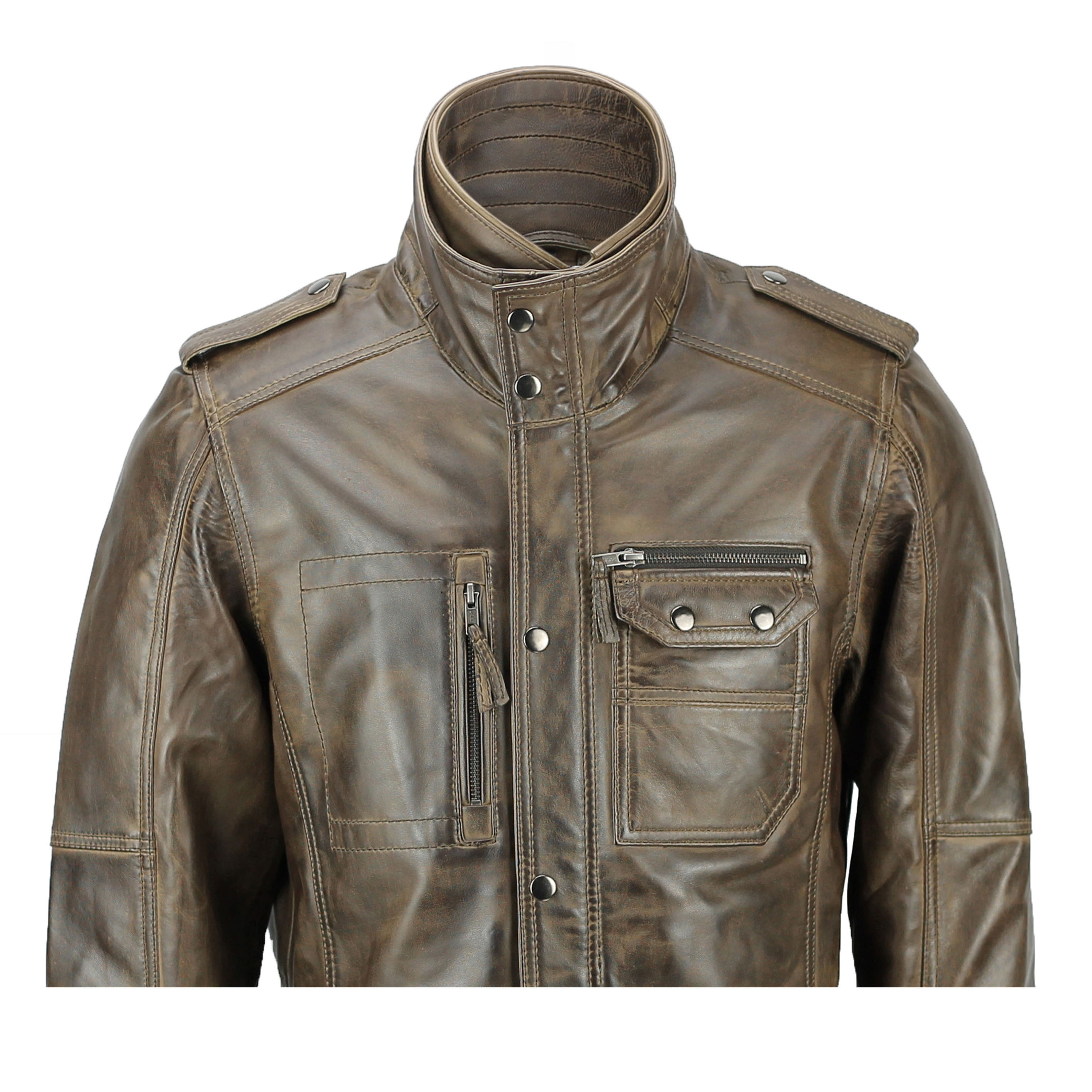 New Mens Retro Real Leather Washed Tan Brown Vintage Military Coat Field  Jacket